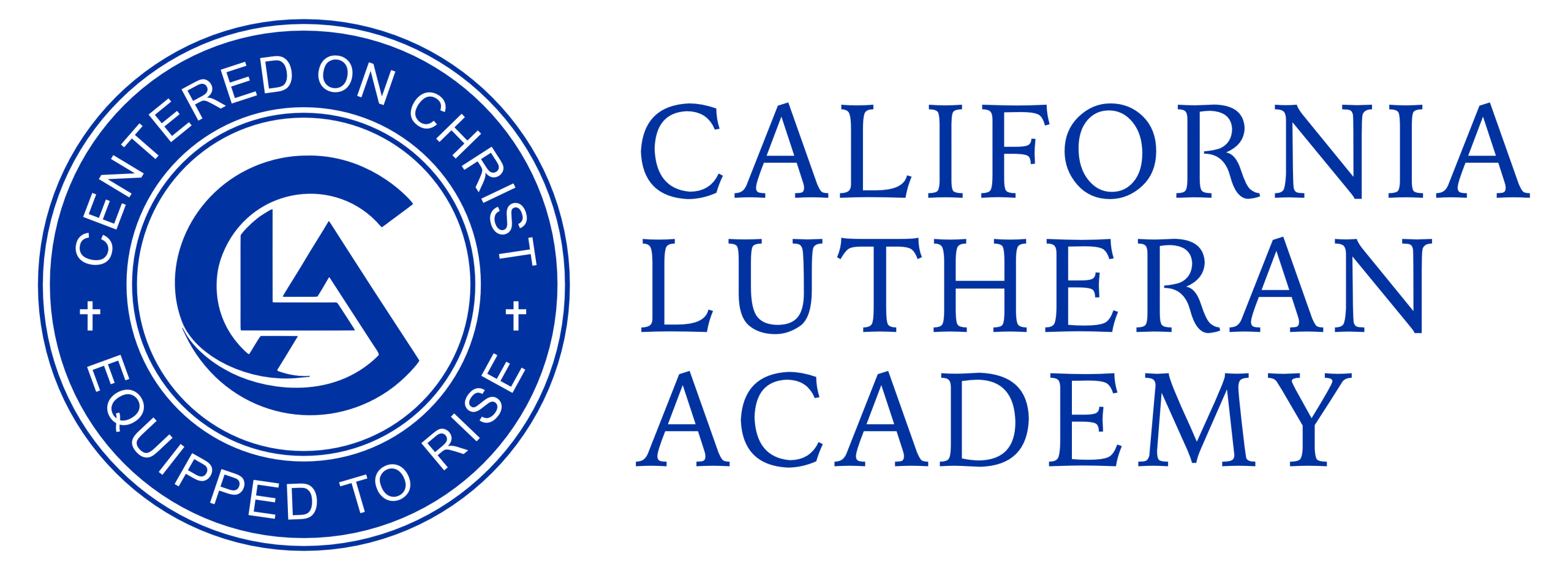 California Lutheran Academy horizontal logo in C-Hawk blue with the round CLA seal and the school name