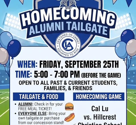 Homecoming Alumni Tailgate flyer: Friday, September 25, 5:00 to 7:00 PM before the game, open to all past and current students, families, and friends, with tailgate food and the homecoming game